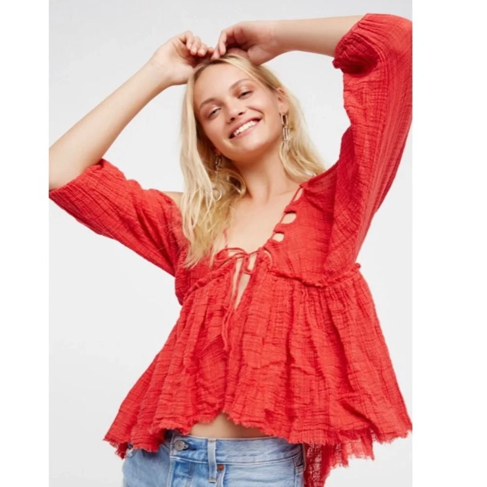 Free People One of a Kind Raw Hem Red/Pink Crinkle Strappy Drawstring Blouse Top